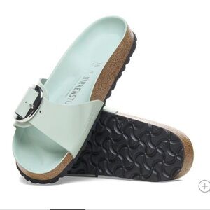 Birkenstock Women's Madrid Big Buckle Leather PatentShine Surf Green size 6 EU37